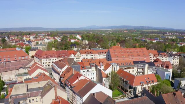 Aerial drone flight over Zittau in Saxony, Germany