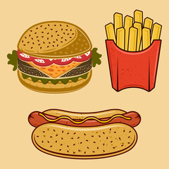 Fast food set of vector objects or design elements, french fries, burger, and hot dog in colored style