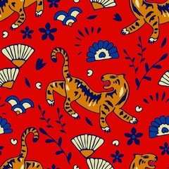 Seamless vector pattern with hand drawn tiger on red background. Chines year animal wallpaper design. Decorative traditional fashion textile.