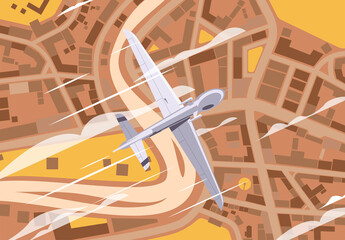 vector illustration of an unmanned aerial vehicle flying over a residential area top view