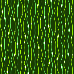 Fototapeta premium Seamless vector pattern with vertical glowing lines on green background. Simple stripe texture wallpaper design. Decorative neon fashion textile.