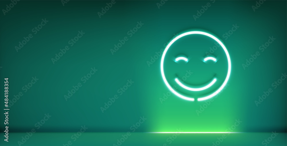Poster neon glowing laughing face in dark illuminated interior. 3d style vector banner with copy space