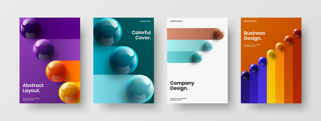 Abstract journal cover design vector layout set. Simple 3D spheres front page illustration collection.