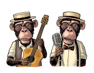 Monkey dressed hat, shirt, bow tie holding microphone and guitar. Engraving
