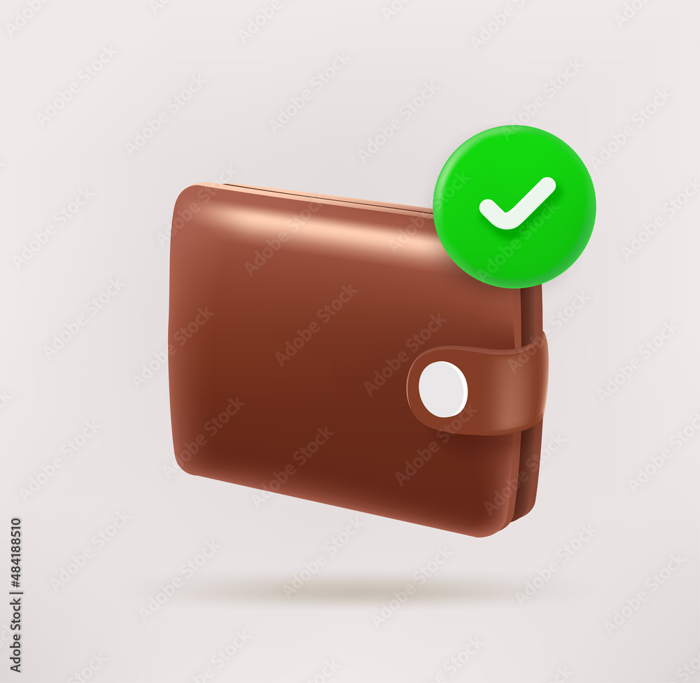 Poster leather wallet with checkmark. 3d vector icon