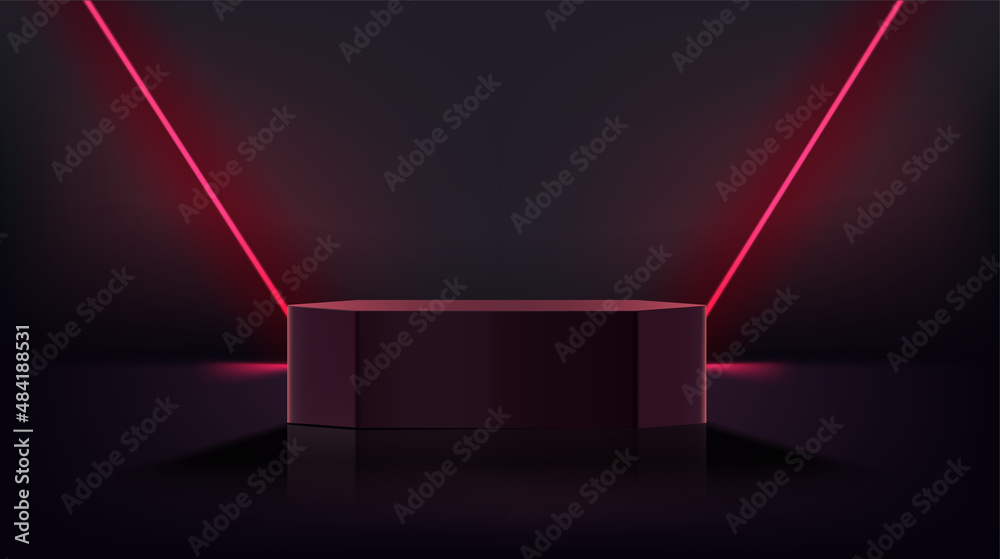 Poster dark room with red diagonal neon lights and podium. 3d vector showcase with copy space