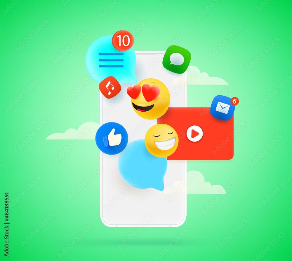 Poster social media communication via smartphone. vector concept with speech bubbles and emoticons