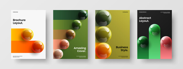 Creative 3D spheres brochure illustration composition. Clean annual report design vector layout collection.