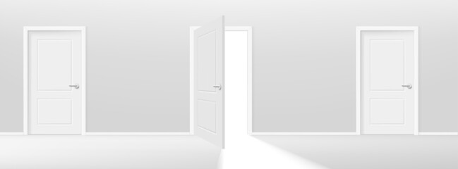 Three doors one of them is opening. Realistic 3d style vector illustration - obrazy, fototapety, plakaty