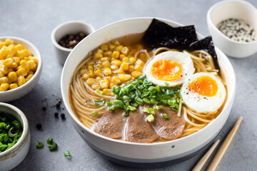 Japanese Noodle Bowl Ramen With Meat And Egg Closeup View