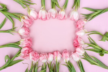 Obraz na płótnie Canvas Creative spring background composition colorful flowers on pink background.