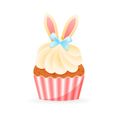 Cute Easter cupcake icon. Cartoon illustration of sweets muffin decorated with bunny ears, cream and blue ribbon. Vector 10 EPS.
