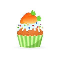 Cute Easter cupcake icon. Cartoon illustration of sweets muffin decorated with glaze, colorful sprinkles and marzipan carrots. Vector 10 EPS.
