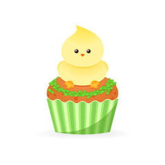 Cute Easter cupcake icon. Cartoon illustration of sweets muffin decorated with a little bird of cream and green sprinkles. Vector 10 EPS.