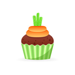 Cute Easter cupcake icon. Cartoon illustration of sweets muffin decorated with a carrot of cream. Vector 10 EPS.
