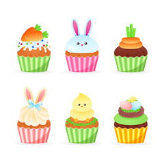 Set of cute Easter cupcake icons. Cartoon illustrations of sweets muffins decorated with glaze, birds, bunny ears, eggs, marzipan carrots and colorful sprinkles. Vector 10 EPS.