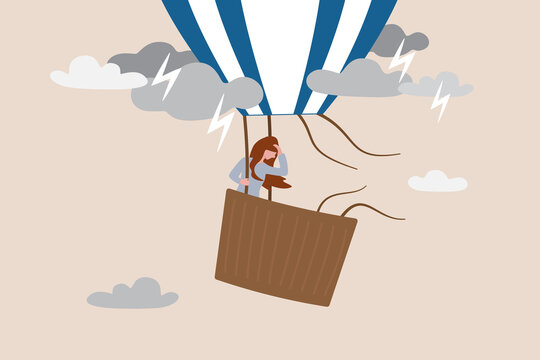Mental health, depression or sadness, anxiety and stressed problem, work difficulty and obstacle, pessimism concept, depressed desperate and hopeless woman in falling down air balloon in thunder storm
