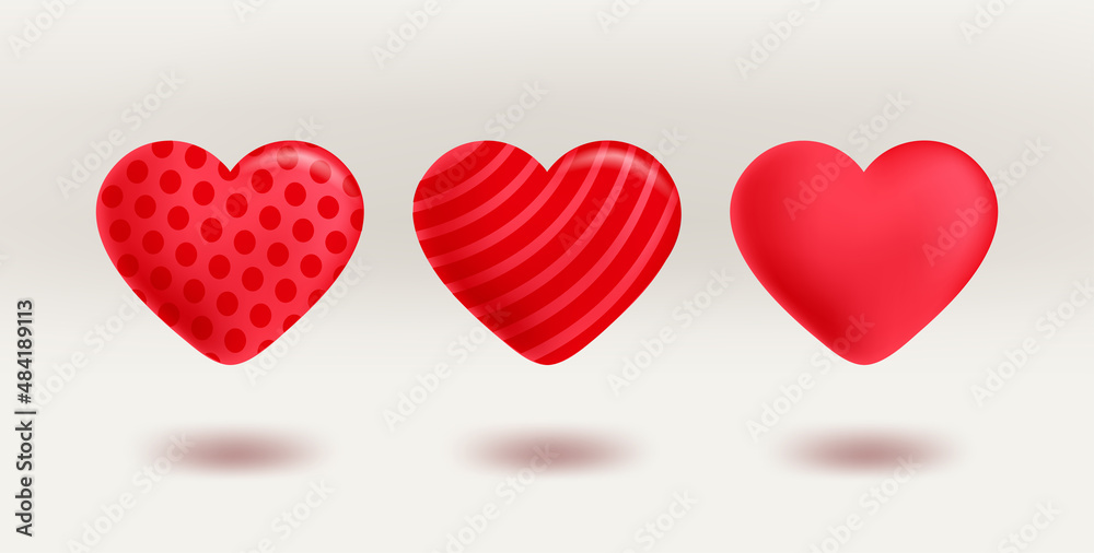 Poster red hearts with different patterns. 3d vector illustration
