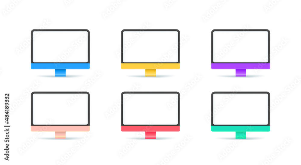 Aufkleber Different modern computers monitors with blank screen. Objects isolated on white background. 3d vector illustration