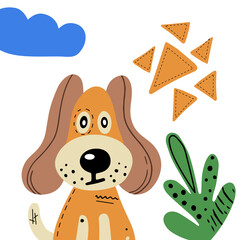Print with cartoon dog. Abstract and botanical hand-drawn elements. Vector card, poster or holiday invitation