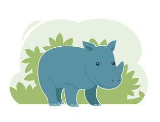Cute cartoon rhino. African herbivore. Vector illustration. Child character. Wildlife background