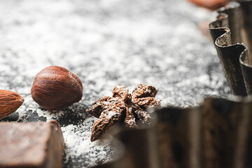 Baking concept, focus on a star anise, close-up view