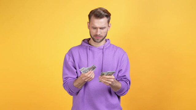 Guy get profit wrong money number isolated vibrant color background