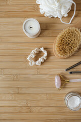 Obraz na płótnie Canvas Spa, wellness concept with bath products on wooden background
