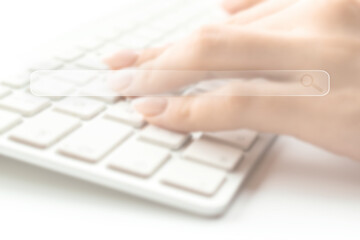 Searching internet. Online website search engine selective focus. Blured hands using computer for searching browsing internet data information networking concept.