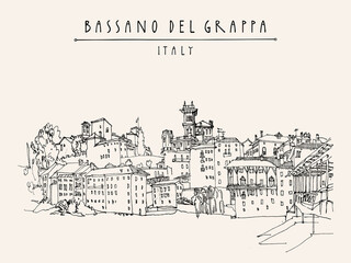 Vector Bassano del Grappa, Italy touristic postcard. Panoramic view, waterfront. Italian historic buildings in old town. Retro style postcard, poster template or calendar illustration - obrazy, fototapety, plakaty