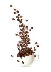 Aromatic roasted coffee beans falling into cup on white background