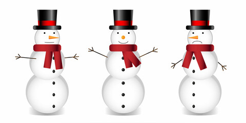 Snowmen with hat and scarf. White background. Vector illustration