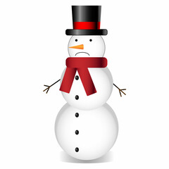 Snowman with hat and scarf. White background. Vector illustration