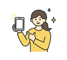 若い女性がスマートフォンに指を刺しているイラスト素材