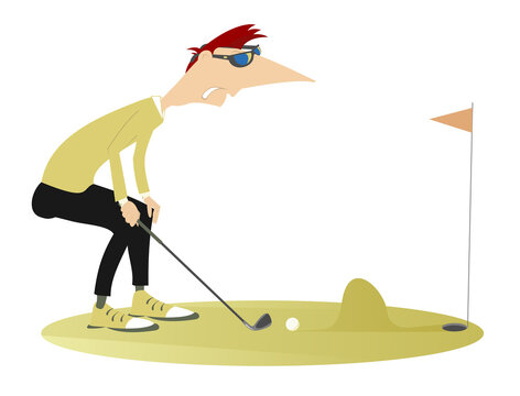 Cartoon golfer man and problem kick on the golf course illustration.
Knoll on the golf course disturbs golfer to do a good kick
