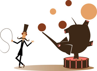 Tamer and elephant in the circus illustration. 
Cartoon tamer and cute elephant balances on the drum and juggles balls isolated on white background
