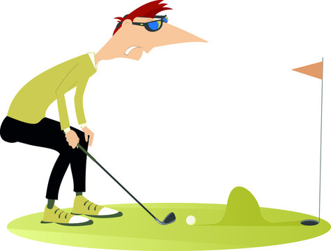 Cartoon golfer man and problem kick on the golf course illustration.Knoll on the golf course disturbs golfer to do a good shot