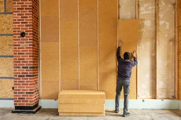 Fotobehang Installing thermal insulation inside a building, wood fiber boards  © Ingo Bartussek