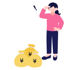 .若い女性がお金の袋を眺めているイラスト素材