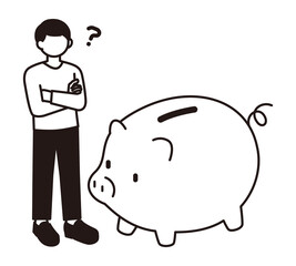 若い男性が豚の貯金箱を眺めているイラスト素材