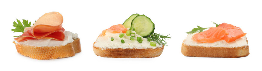 Toasted bread with tasty cream cheese, salmon, prosciutto and cucumber on white background,...