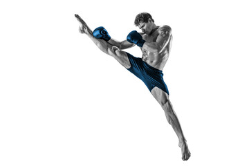 Full size of silhouette boxer who exercises thai boxing art. white background. Blue sportswear.