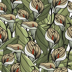 Seamless pattern of lilies. Botanical, vector, linear illustration. Natural nature. Inflorescences. Spring and autumn. Herbarium. Hand-drawn flowers. Fantastic botany. Phantasmagoria. Lily. - obrazy, fototapety, plakaty