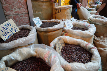 Coffee beans in bags, trade in the market. Istanbul, Turkey