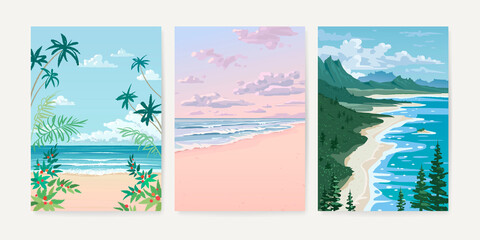 Set of nature landscape background. Hand drawn card, poster, banner or cover design template with tropical beach and forest. Vector illustration