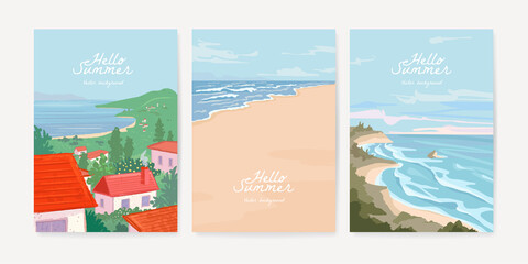 Set of nature landscape background. Hand drawn card, poster, banner or cover design template with tropical beach and forest. Vector illustration