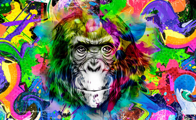 colorful artistic monkey muzzle with bright paint splatters on white background.