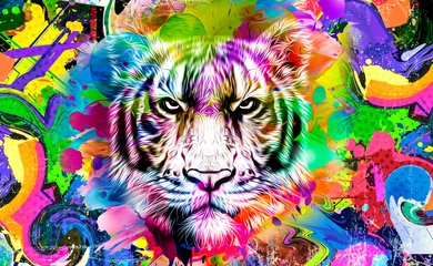 Deurstickers colorful artistic tiger muzzle with bright paint splatters on white background. © reznik_val