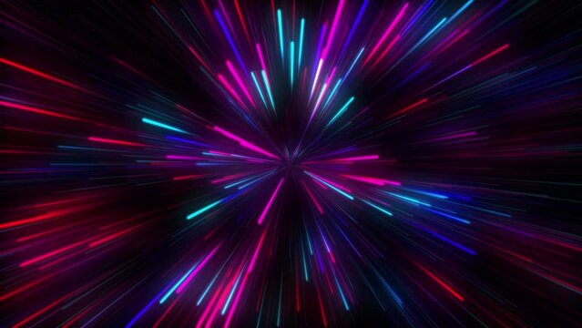 3D Abstract vibrant creative cosmic background. Speed of light, neon glowing rays in motion. Beautiful fireworks, colorful explosion, big bang. Moving through stars.