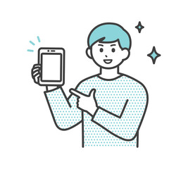 若い男性がスマートフォンに指を刺しているイラスト素材